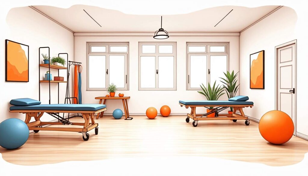 Draw an illustration of a modern physical therapy clinic room featuring exercise equipment like resistance bands