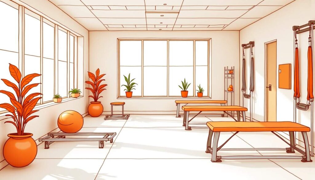 Draw an illustration of a modern physical therapy clinic interior in fort worth