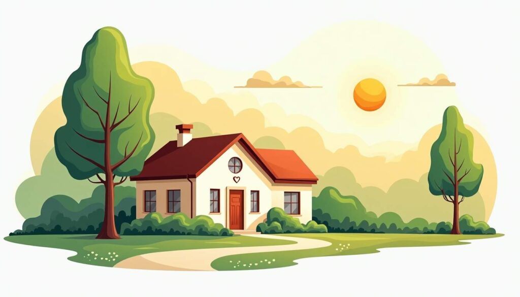 Draw an illustration of a peaceful rehabilitation center building nestled in a calm
