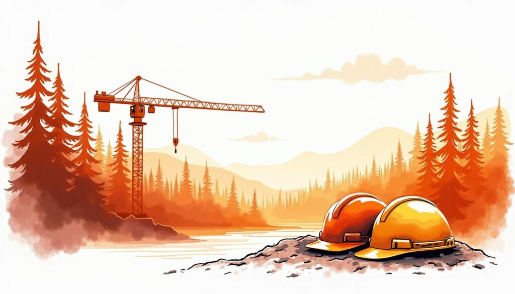 Draw an illustration of a forested landscape with a construction site in the background
