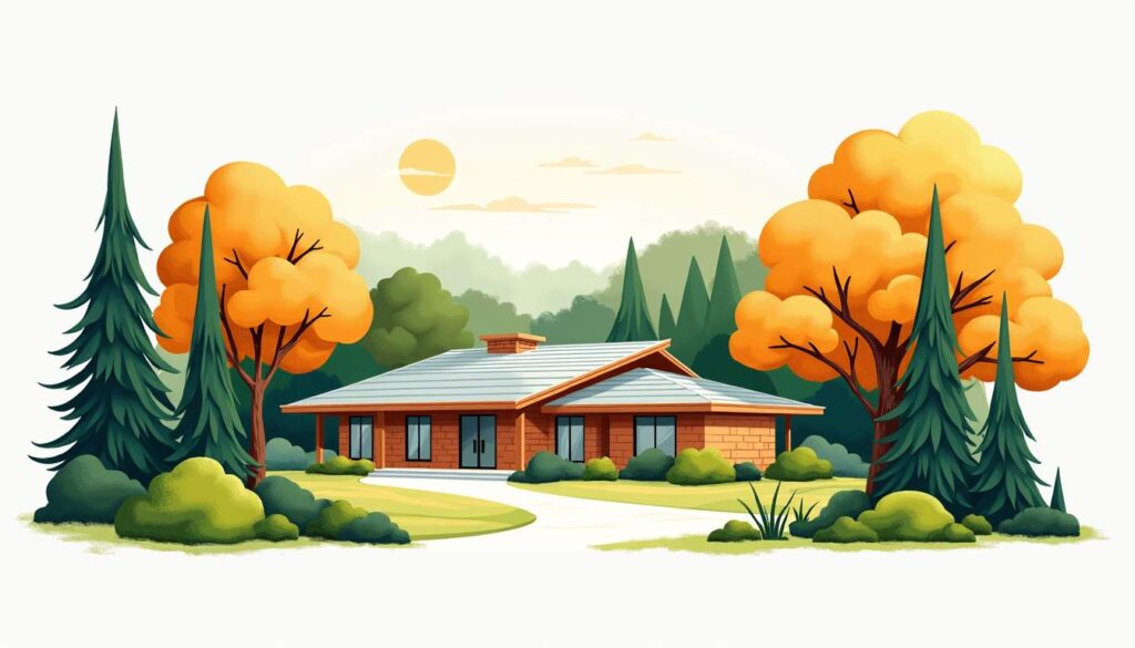 Draw an illustration of a peaceful rehabilitation facility nestled among lush greenery and tall trees in a serene forest hill
