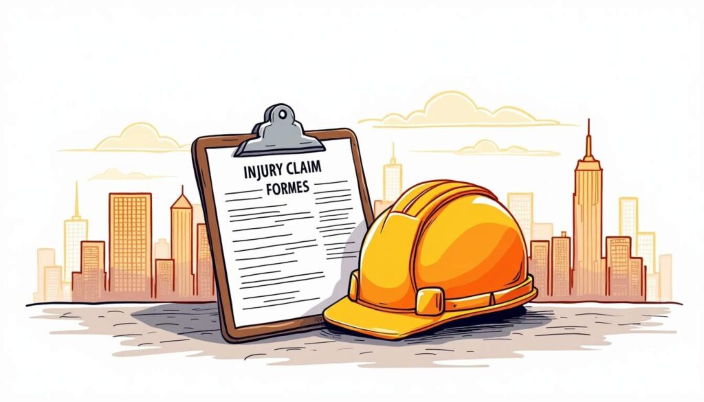 Draw an illustration of a construction helmet resting on a clipboard with injury claim forms