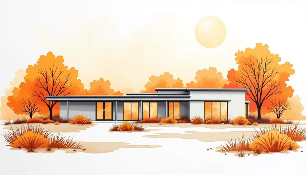 Draw an illustration of a peaceful rehabilitation center building set against a serene kennedale