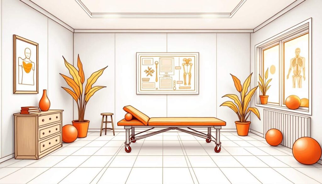 Draw an illustration of a modern orthopedic therapy clinic room featuring therapy equipment like exercise bands