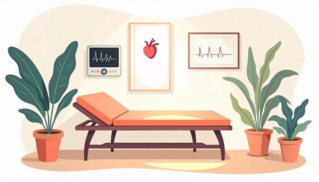 Draw an illustration of a calming medical environment featuring heart-related equipment like an ekg monitor and a relaxing therapy room with soft lighting and nature-inspired elements