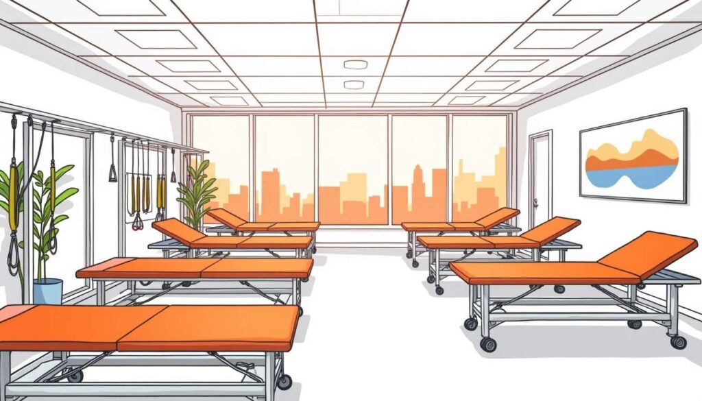 Draw an illustration of a busy rehabilitation clinic room featuring therapy equipment like exercise bands