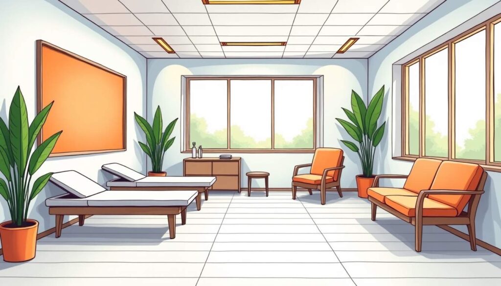 Draw an illustration of a modern orthopedic rehabilitation clinic interior featuring advanced exercise equipment