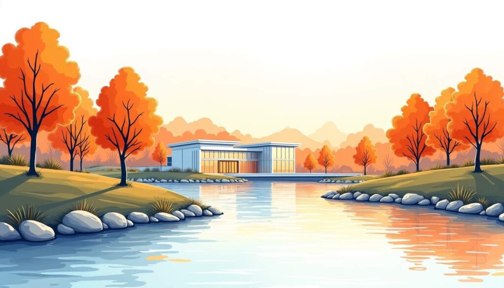 Draw an illustration of a peaceful medical recovery setting with calming natural elements like trees and a gentle river flowing near a modern healthcare facility in arlington
