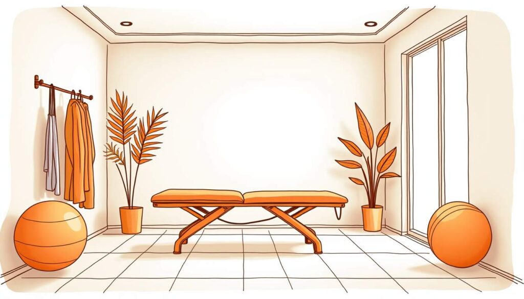 Draw an illustration of a calming physical therapy room in arlington
