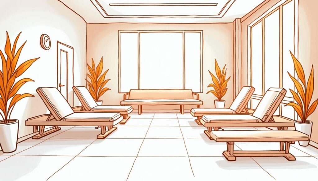 Draw an illustration of a modern physical therapy clinic interior featuring orthopedic rehabilitation equipment like exercise machines