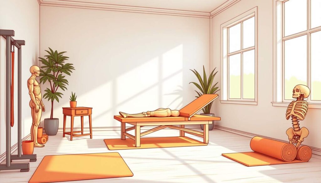 Draw an illustration of a serene clinical therapy room featuring orthopedic equipment such as exercise bands