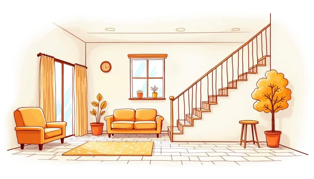 Draw an illustration of a peaceful home environment with supportive safety features like grab bars