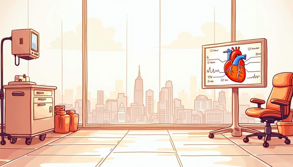 Draw an illustration of a serene healthcare setting featuring medical equipment and heart-related elements like an ekg monitor and anatomical heart diagrams