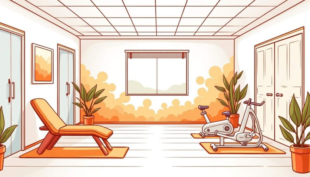 Draw an illustration of a serene physical therapy clinic room with exercise equipment like resistance bands