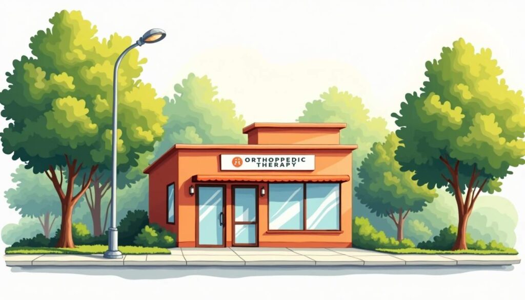 Draw an illustration of a peaceful forest hill street scene featuring a modern orthopedic therapy clinic building surrounded by green trees and soft sunlight