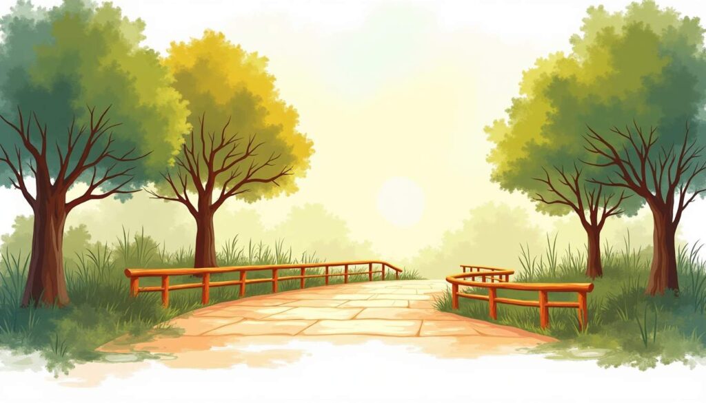 Draw an illustration of a peaceful outdoor therapy session setting in a forested area of forest hill