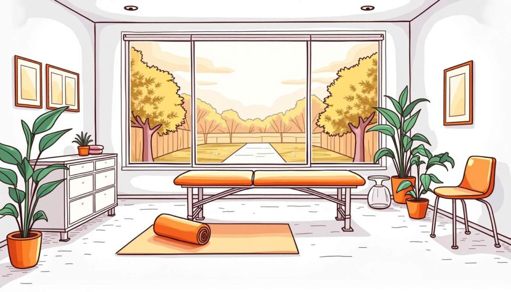 Draw an illustration of a serene physical therapy clinic room with orthopedic rehabilitation equipment such as exercise bands