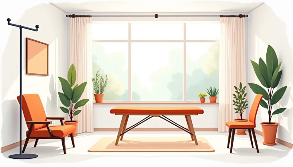 Draw an illustration of a peaceful rehabilitation clinic room featuring orthopedic equipment such as exercise bands