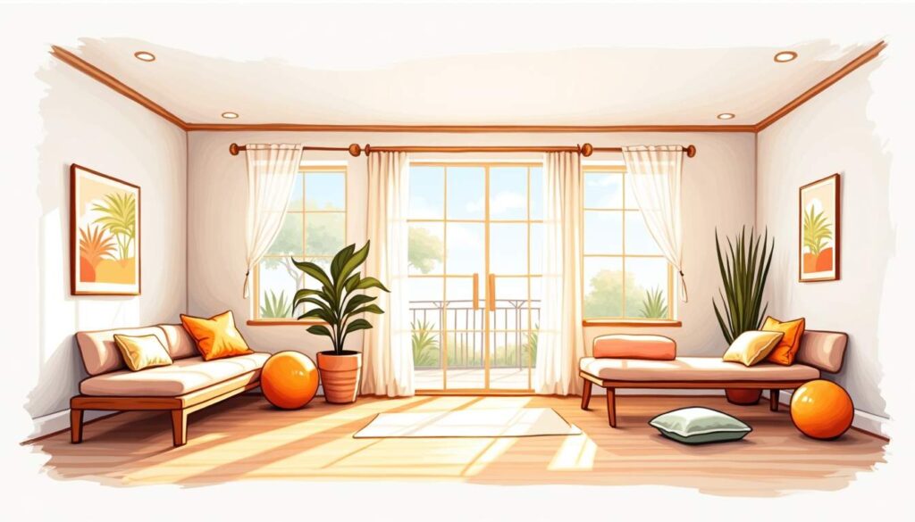 Draw an illustration of a serene physical therapy clinic room in arlington