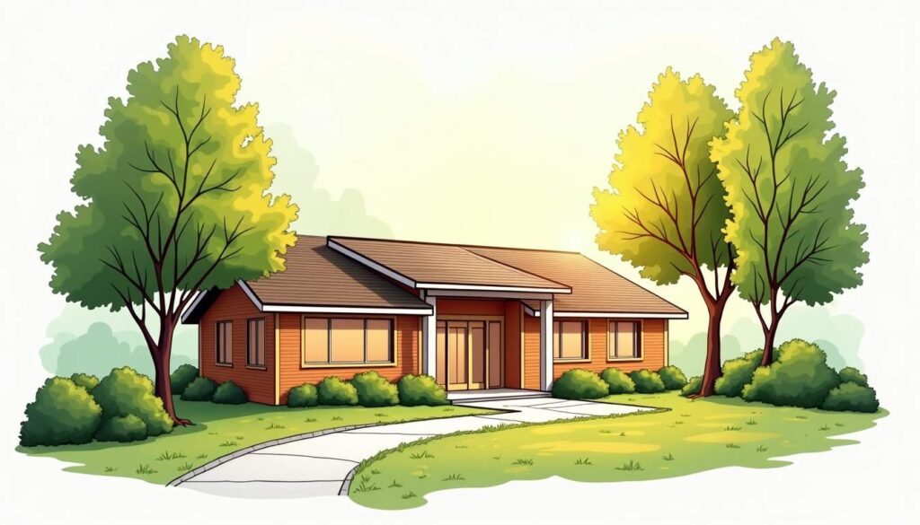 Draw an illustration of a peaceful rehabilitation center exterior surrounded by lush greenery and walking paths