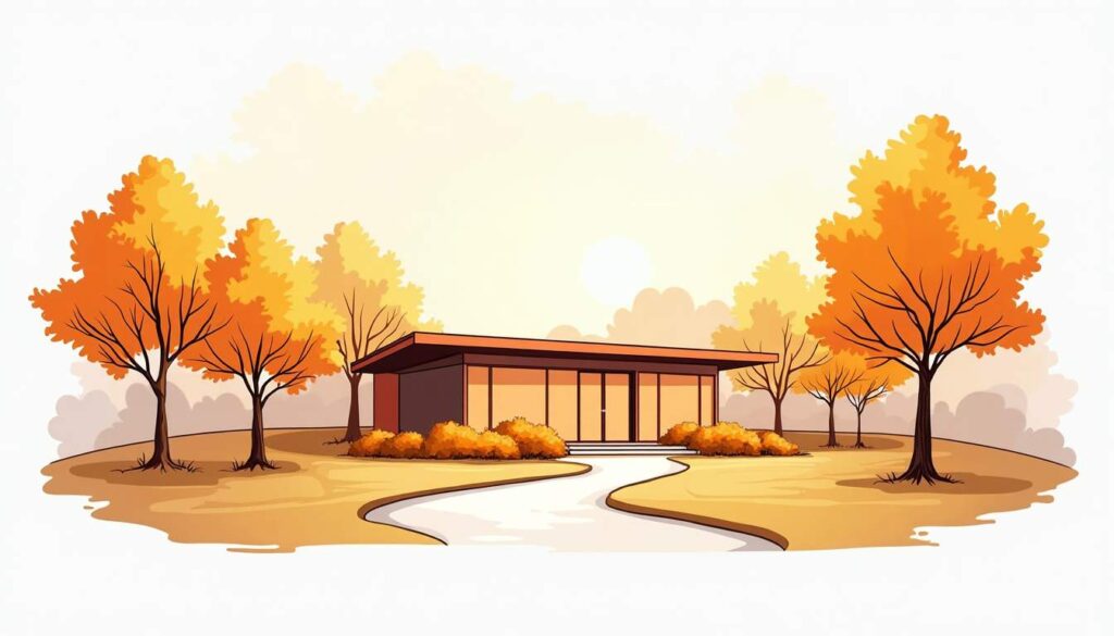 Draw an illustration of a serene rehabilitation center set in a peaceful arlington
